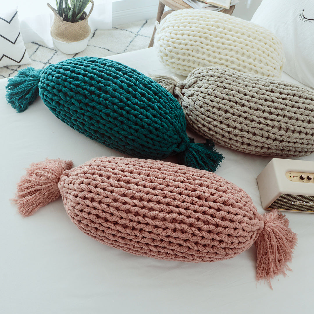 Cute Candy Shape Chunky Knit Pillow with Kawaii Tassel Design