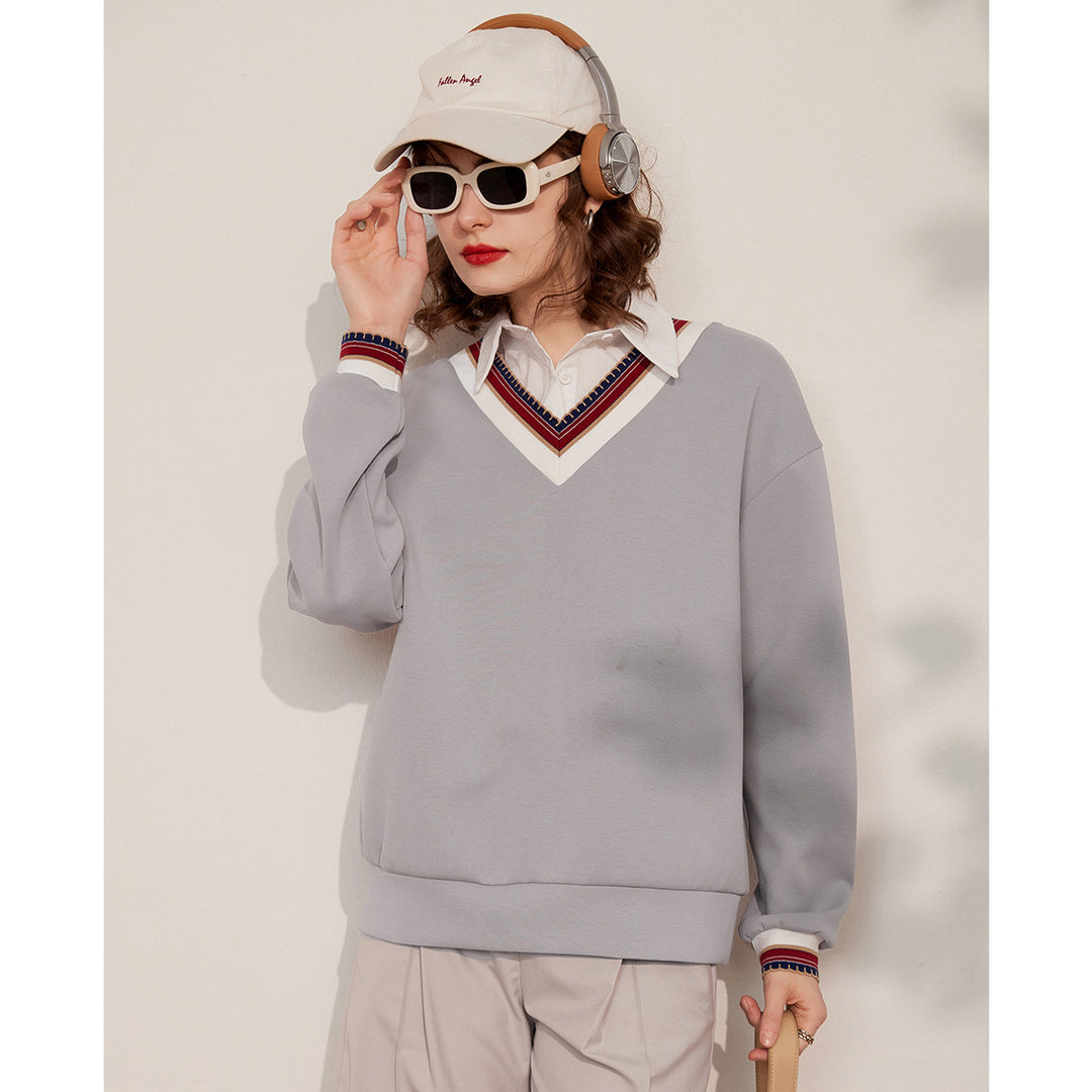 Spring Casual Loose Fit Pullover Sweatshirt with Turn Down Collar