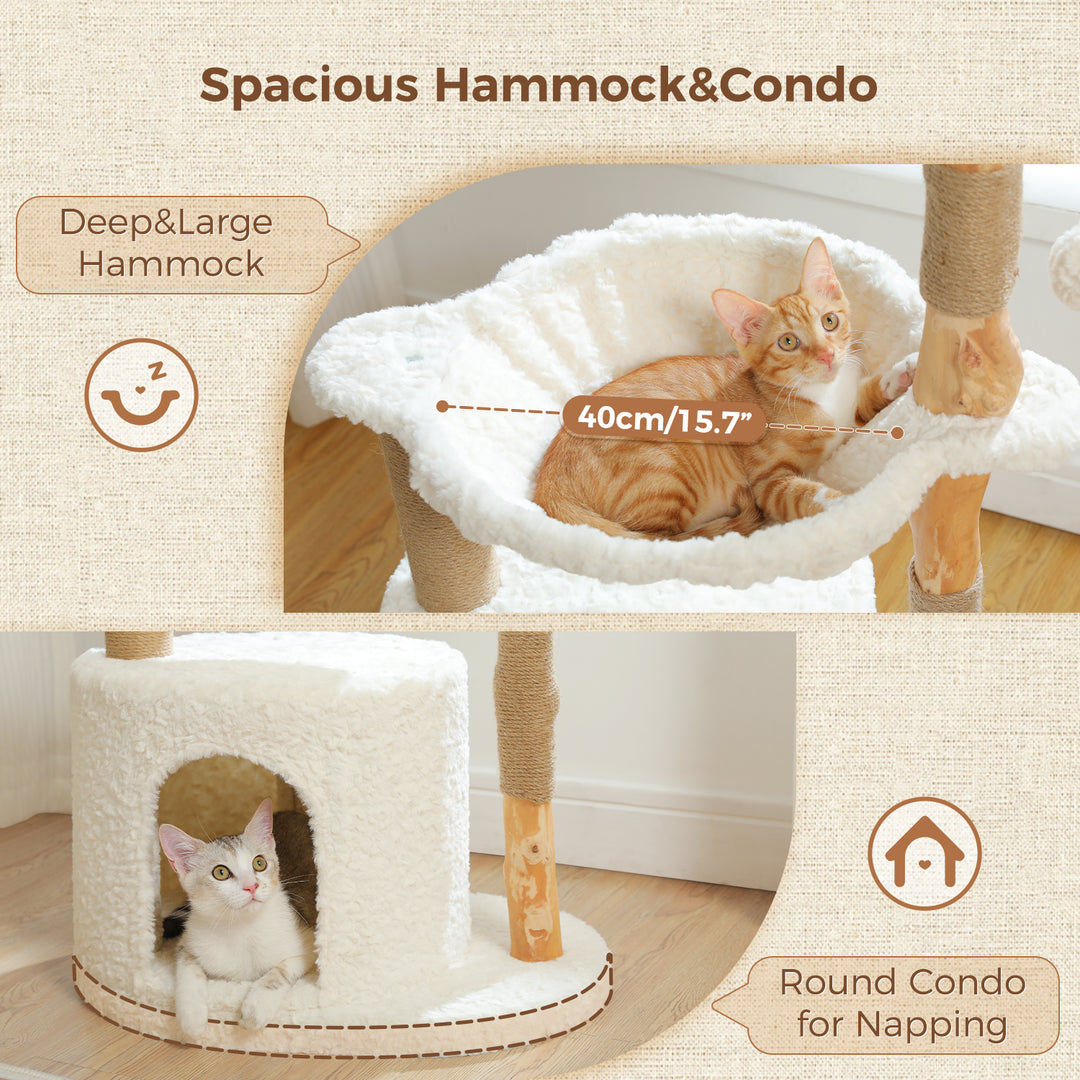 Modern Cat Tree with Woven Basket, Hammock & Solid Wood Scratching Post for Large Indoor Cats