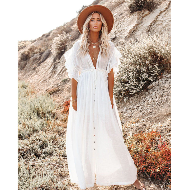 Solid Color Beach Cover-up Slubbed Fabric Button Waist Strap Long Dress Sun Protection Shirt