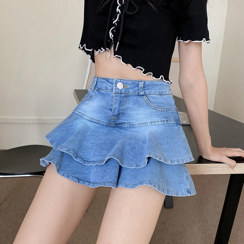 Trendy Layered Denim Mini Skirt with Pocket