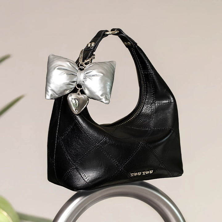 Versatile Women’s Diamond Grid Tote Bag with Butterfly Bow Pendant