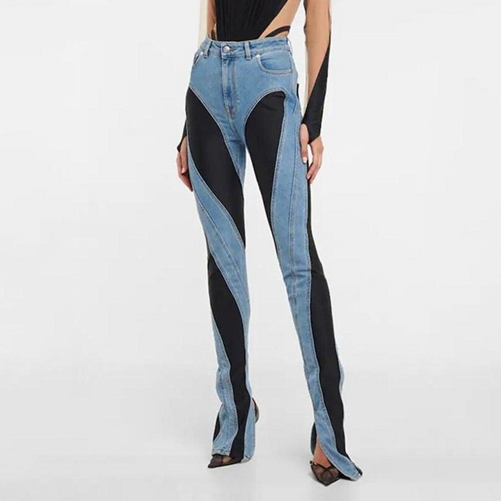 High Waist Slim Fit Patchwork Denim Pants