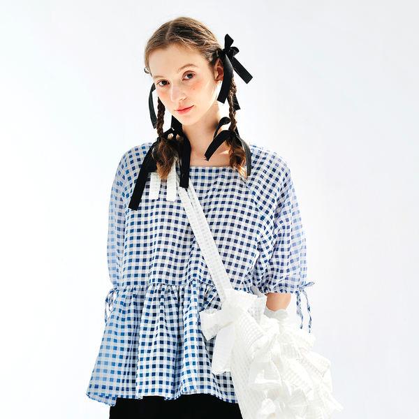 Summer Blue Plaid Puff Sleeve Casual Shirt