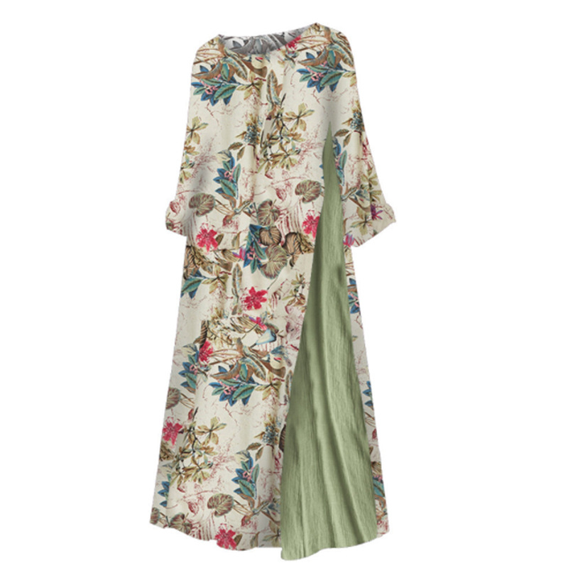 Women Floral Print O-Neck 3/4 Sleeve Casual Belted Maxi Dresses