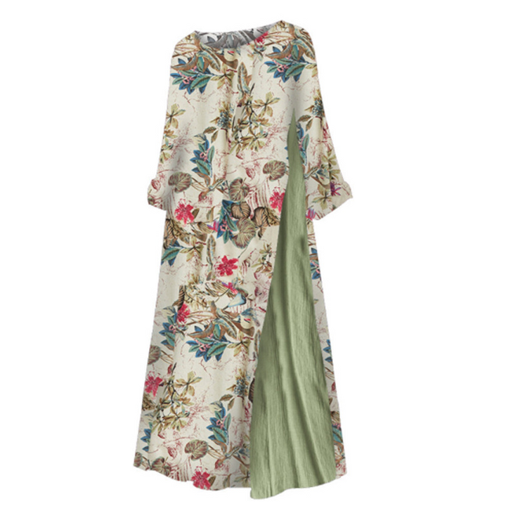 Women Floral Print O-Neck 3/4 Sleeve Casual Belted Maxi Dresses