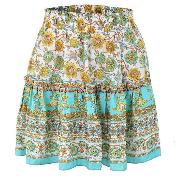 Mini jupes courtes imprimées plissées à volants floraux à taille élastique pour femmes ethniques