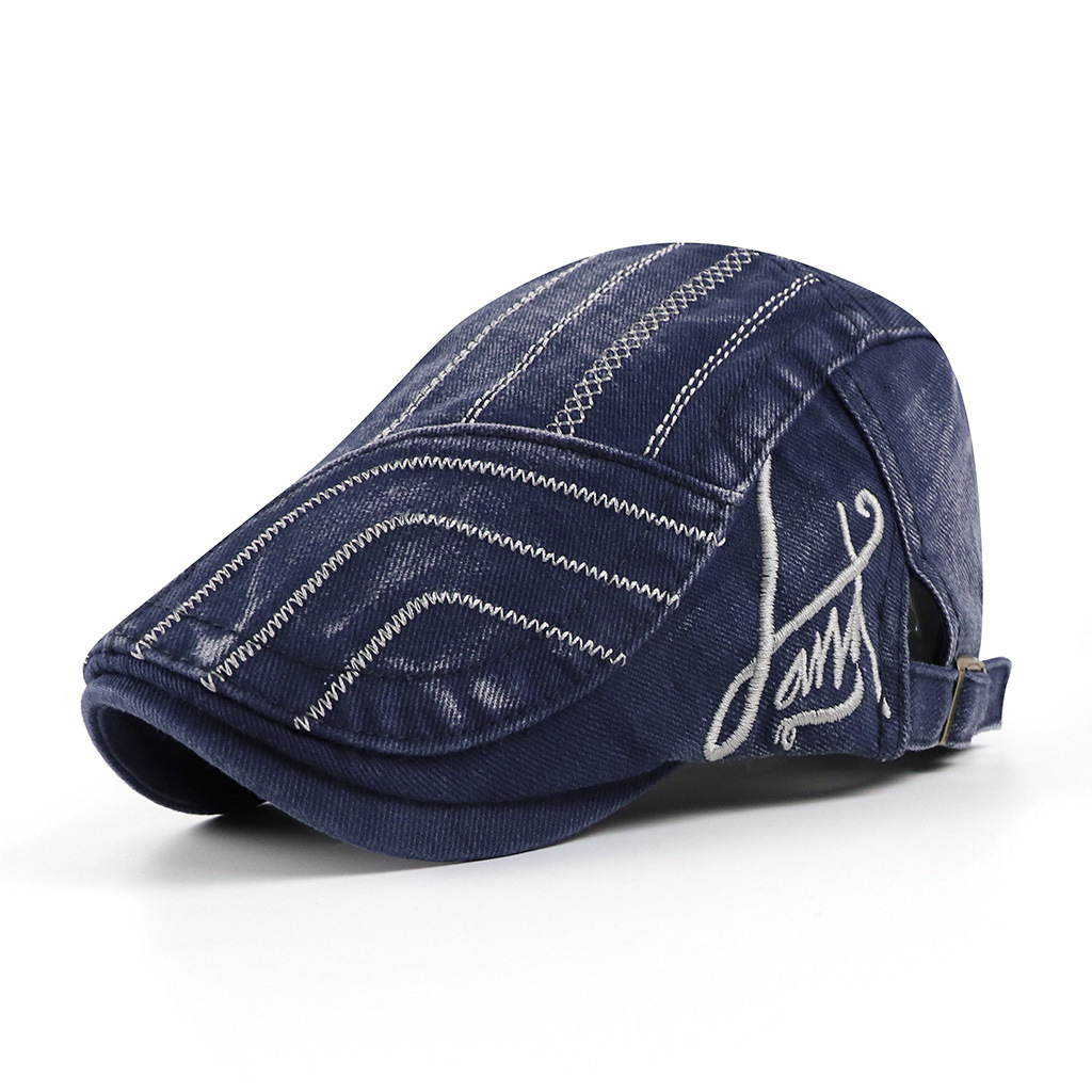 Gorro de boina con rayas bordadas de algodón unisex Duckbill Golf Hebilla plana Visor Cabbie Cap para hombres y mujeres