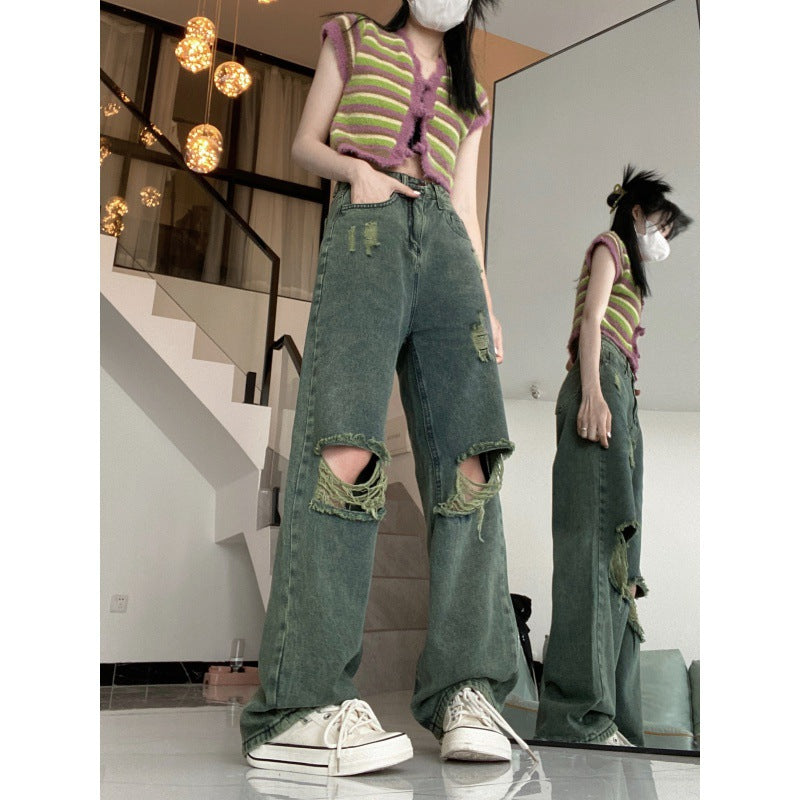 American Dark Green Torn Jeans With Wide Leg Pants For Women