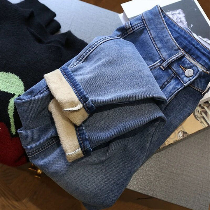 Add Fleece And Thick Blue High-waisted Daddy Jeans For Children Fall Winter