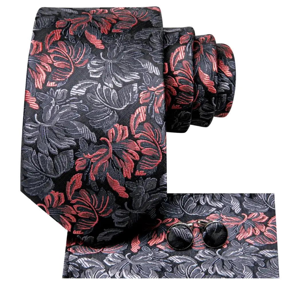 Elegant Floral Black and Red Silk Necktie Set for Men