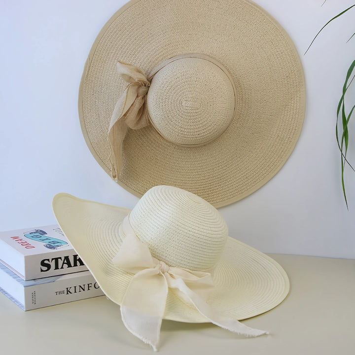 Straw Hat with Wide Brim & Bowknot