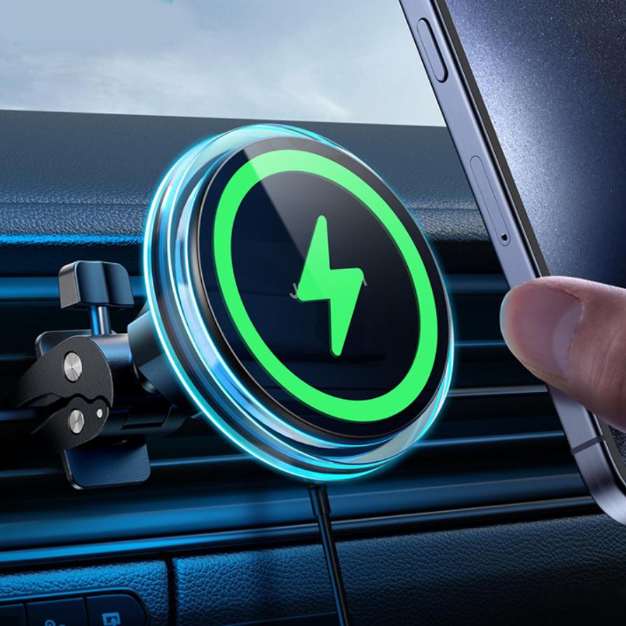 15W Magnetic Car Phone Holder with Wireless Charging and Air Vent Clip for iPhone 12-15 Series