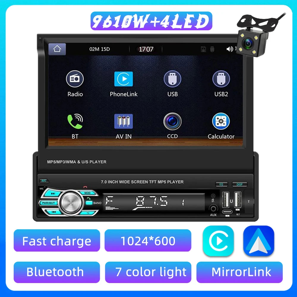 7" Retractable Touchscreen Car Stereo with Wireless CarPlay, Android Auto, and Backup Camera