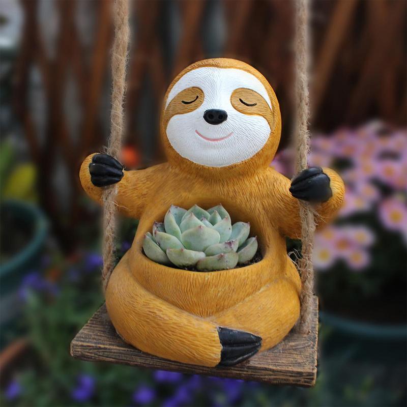 Charming Swing Sloth Planter - Resin Flower Pot for Home & Garden Decor