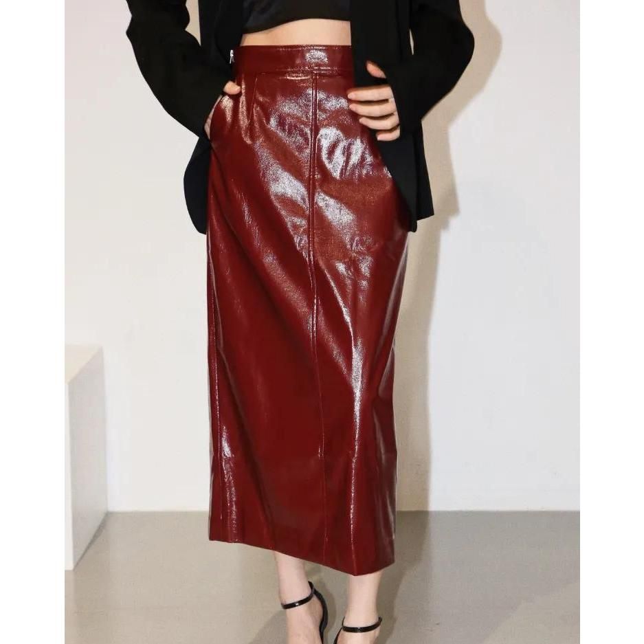 High Waist Reflective PU Leather Midi Pencil Skirt