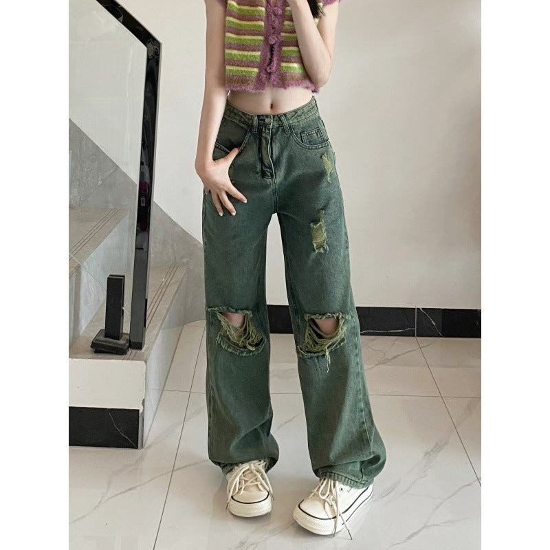 American Dark Green Torn Jeans With Wide Leg Pants For Women