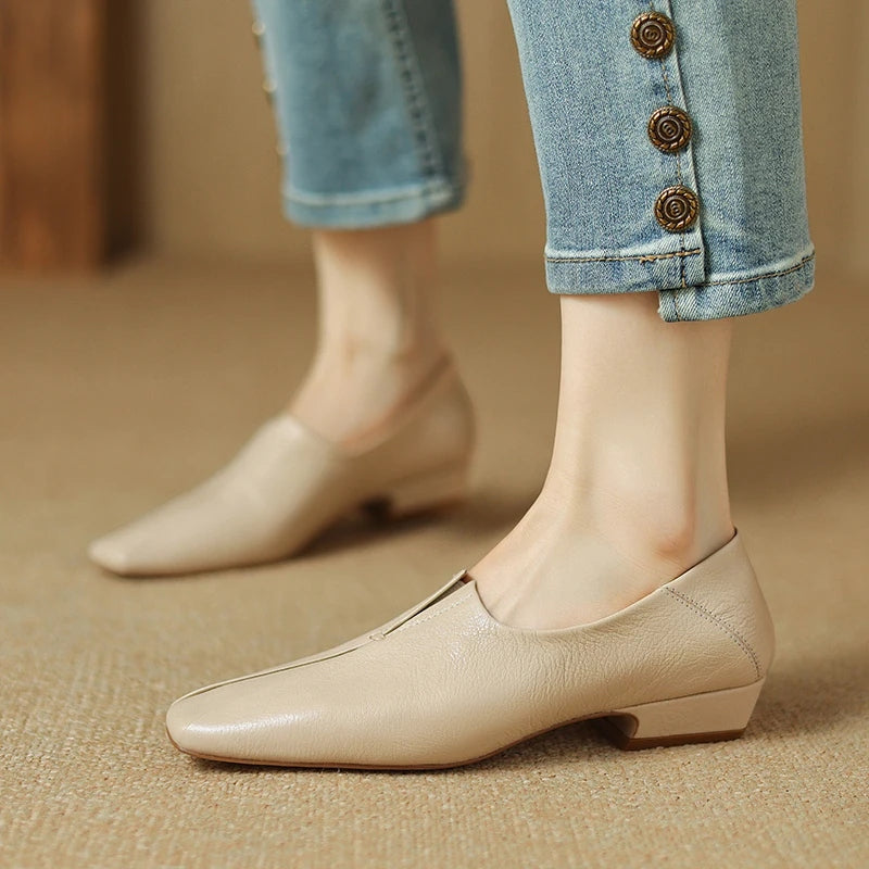 Soft Genuine Leather Women’s Low Heel Square Toe Shoes