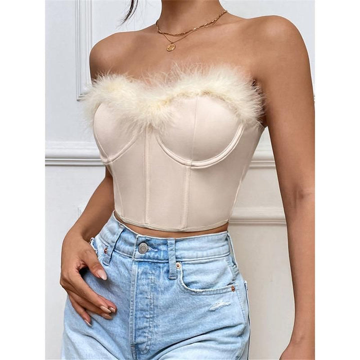 Chic Furry Trim Corset Tube Top