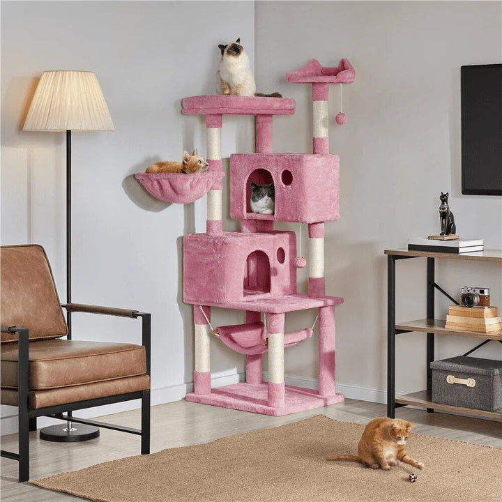 64'' Multi-Level Pink Cat Tree Tower with Condos, Scratching Posts, and Hammock