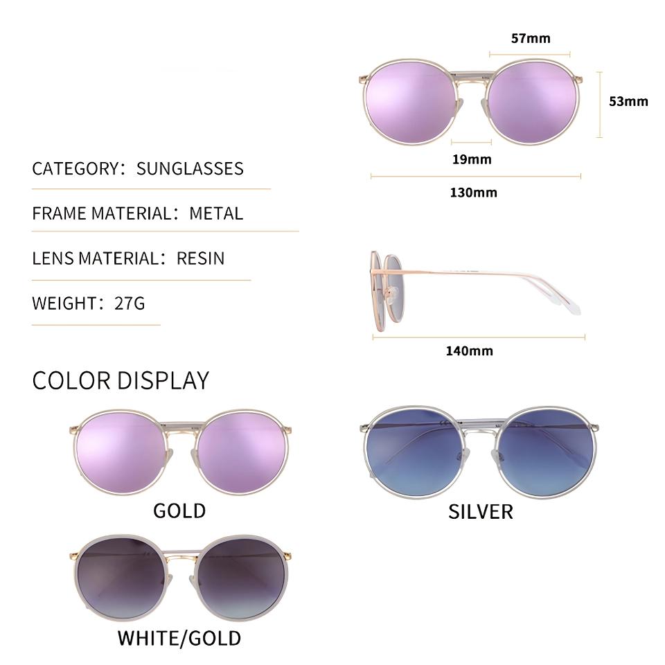 Oversized Metal Round Sunglasses for Women - UV400 Protection