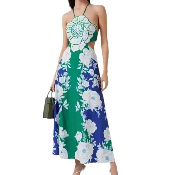 Women's Floral Print Lace-up Cutout Long Dress