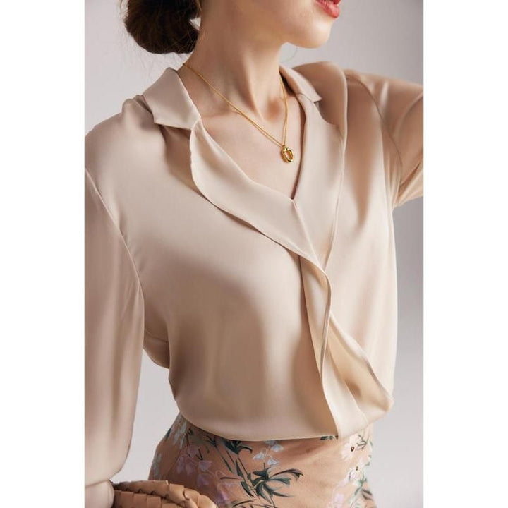 Elegant Ruffled V-Neck Silk Blouse