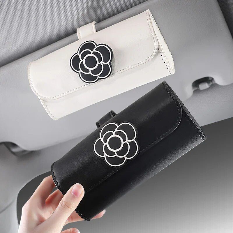 Universal Camellia Flower Leather Sunglasses Holder for Car Visors