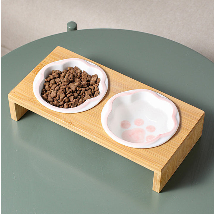 Cartoon Paw Design Raised Pet Bowls with Wooden Stand