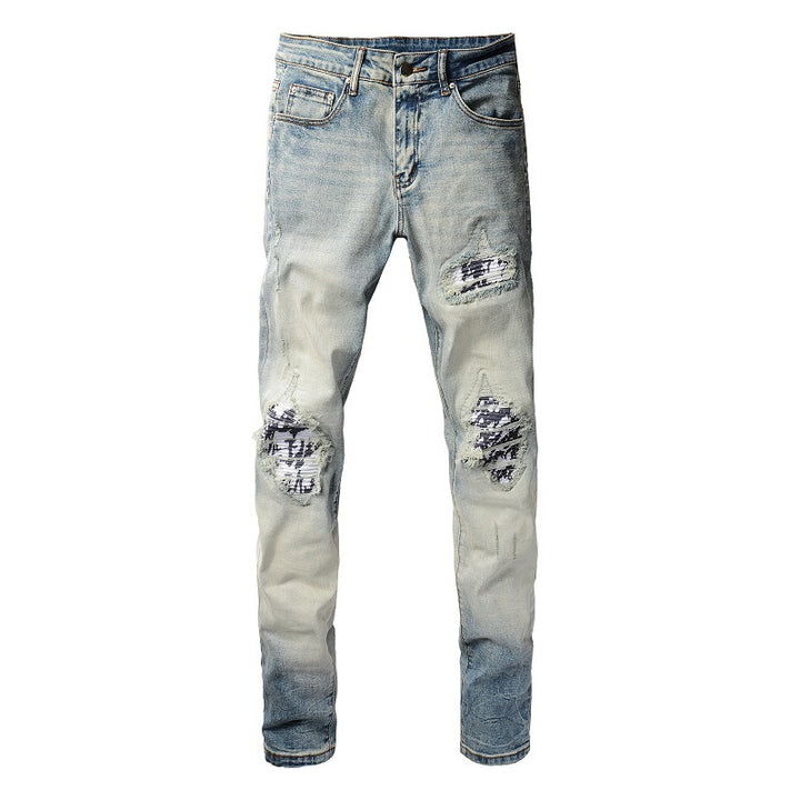 American High Street Fashionable Men's Ripped Black And White Patch Jeans