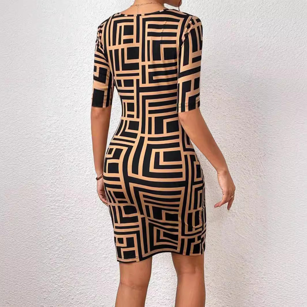 New Fashion Printed Square Collar Waist-tight Mid-sleeve Dress