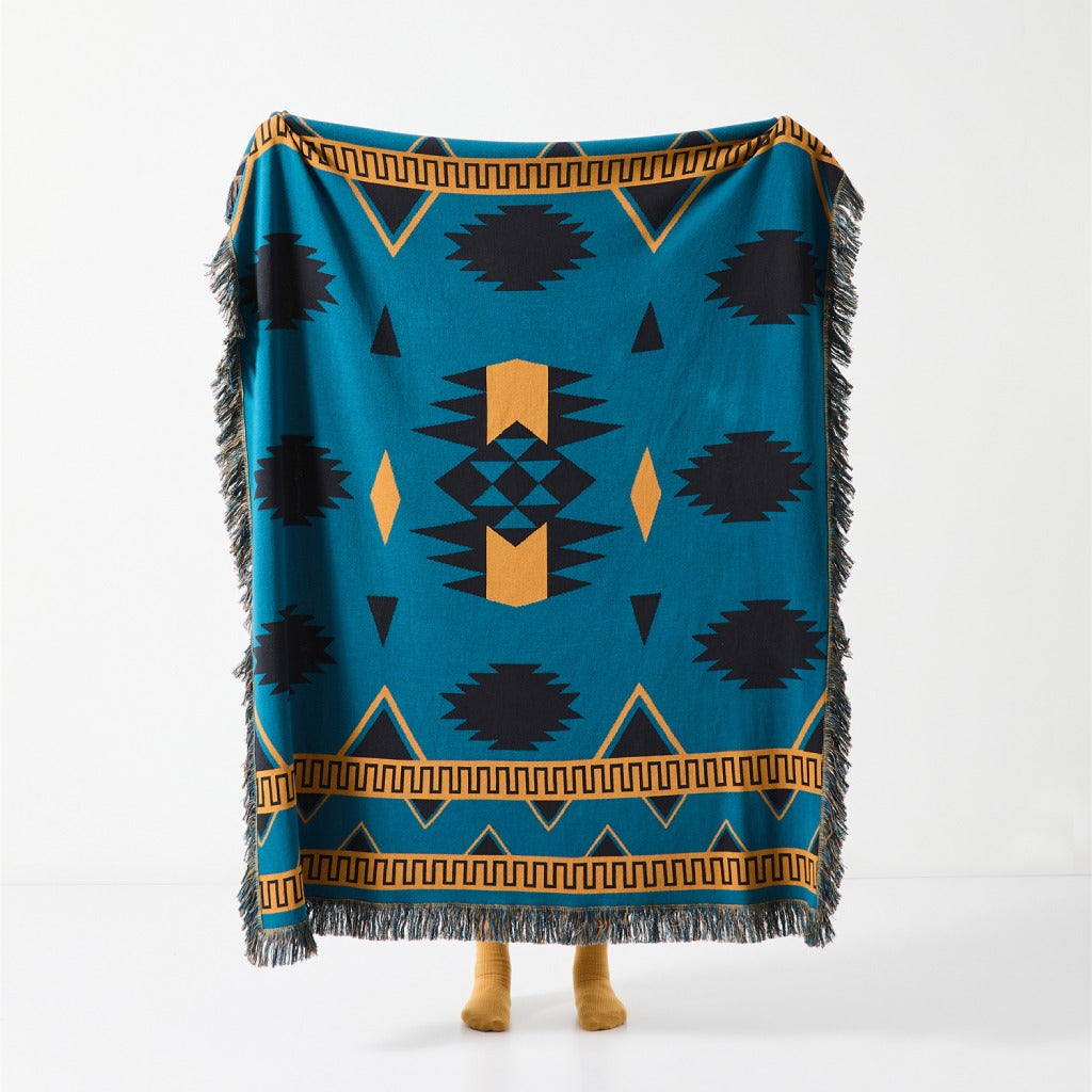 Bohemian Geometric Pattern Blanket with Luxurious Fringes