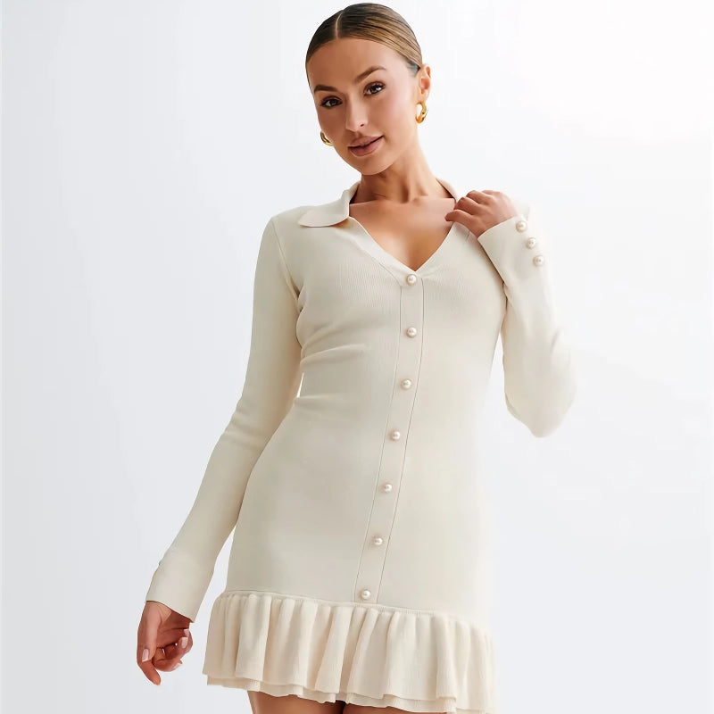 Elegant Long Sleeve Ruffled Knit Mini Dress