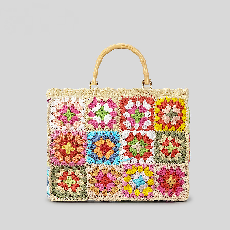 Bohemian Floral Tote Bag with Bamboo Handles