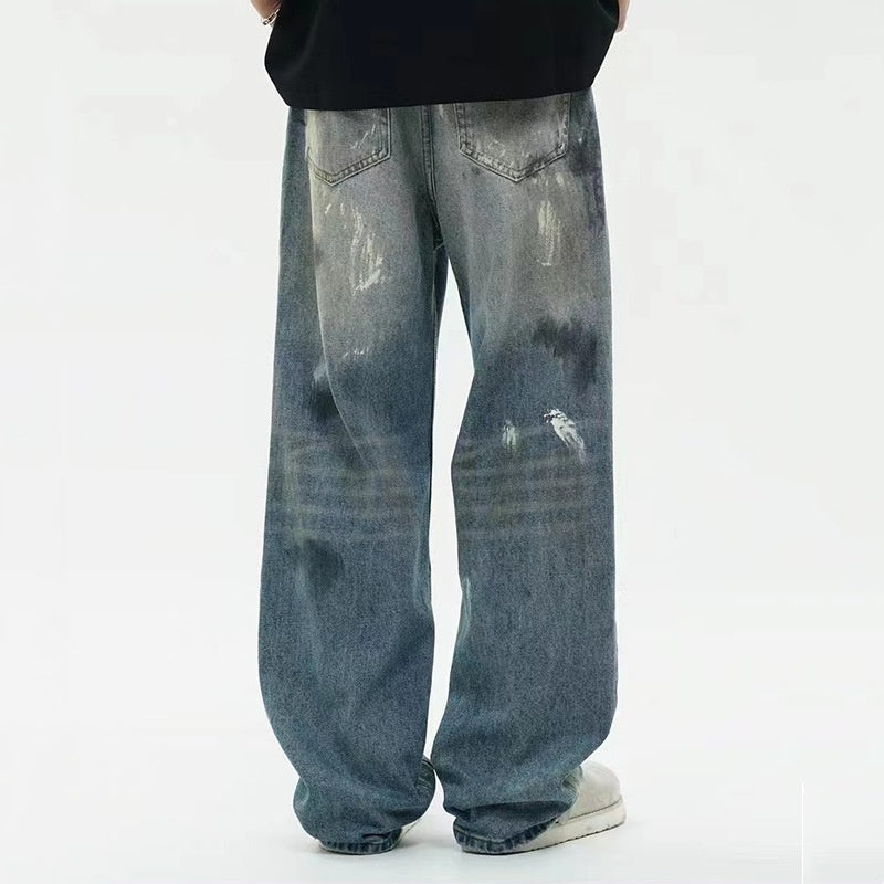 Men's Splash-ink Paint American Retro Loose Straight Wide-leg Pants