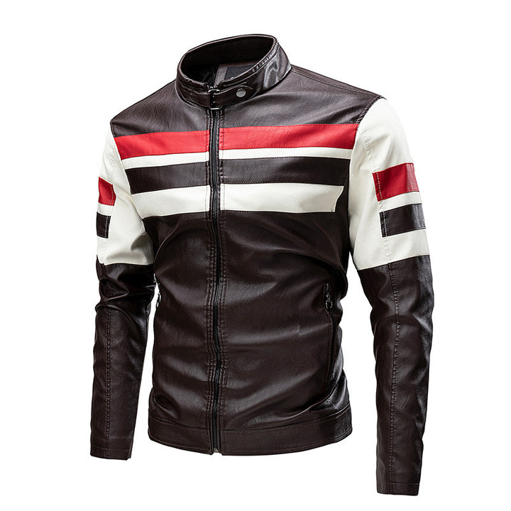 Motorcycle Stitching Leather Jacket Men Stand Collar Retro