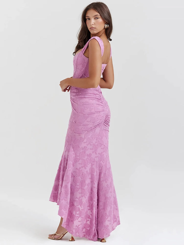 Elegant Ruffled Evening Maxi Dress with Zipper Detail