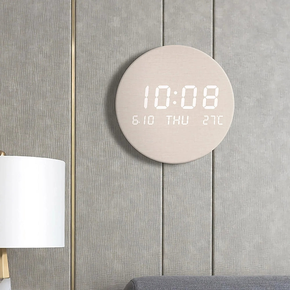 LED Wooden Wall Clock with Temperature Display, Silent Nordic Style