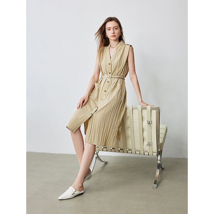 Elegant Summer V-Neck Midi Shirt Dress with Pockets