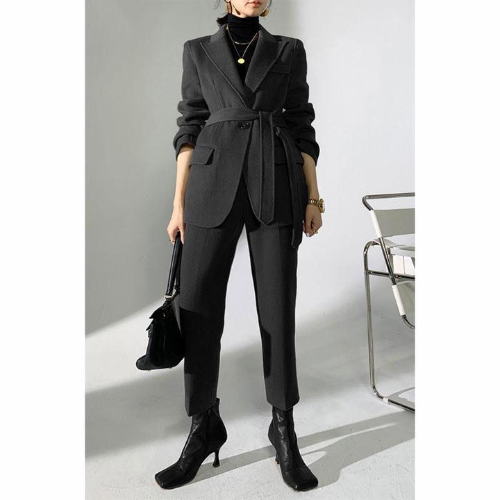 Autumn Winter Elegant Woolen Pant Suits with Belted Jackets and Warm Trousers for Women