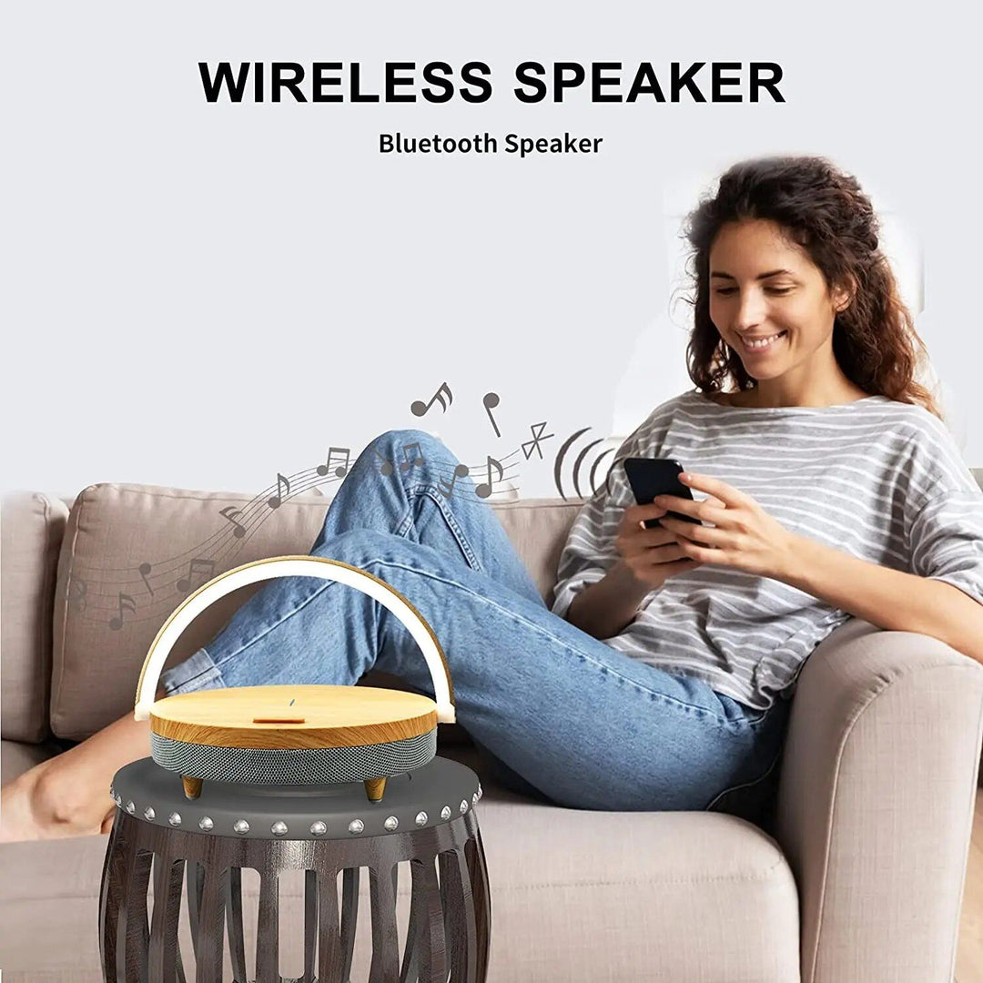 3-in-1 Wooden Wireless Charger with LED Lamp & Bluetooth Speaker