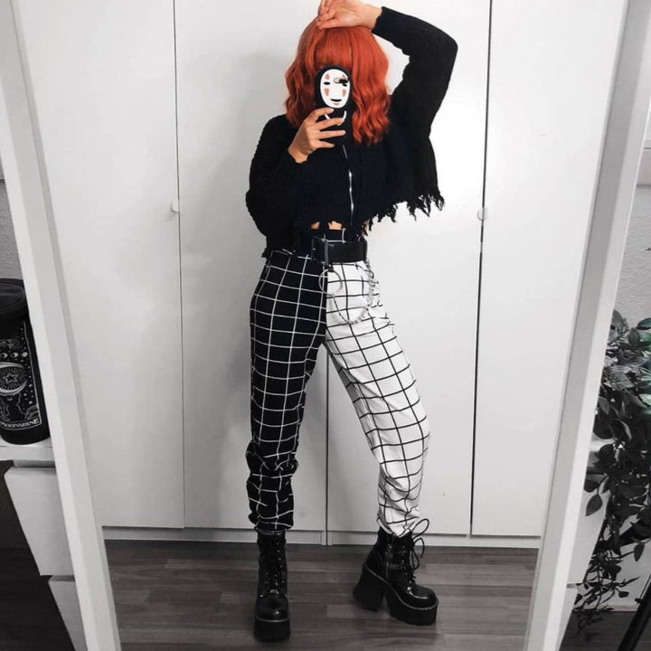 Contrast checkerboard high waist casual trousers