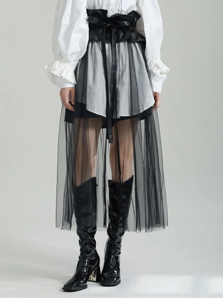 High Waist Black PU Leather Ruffles Mesh Long Elegant Half-body Skirt