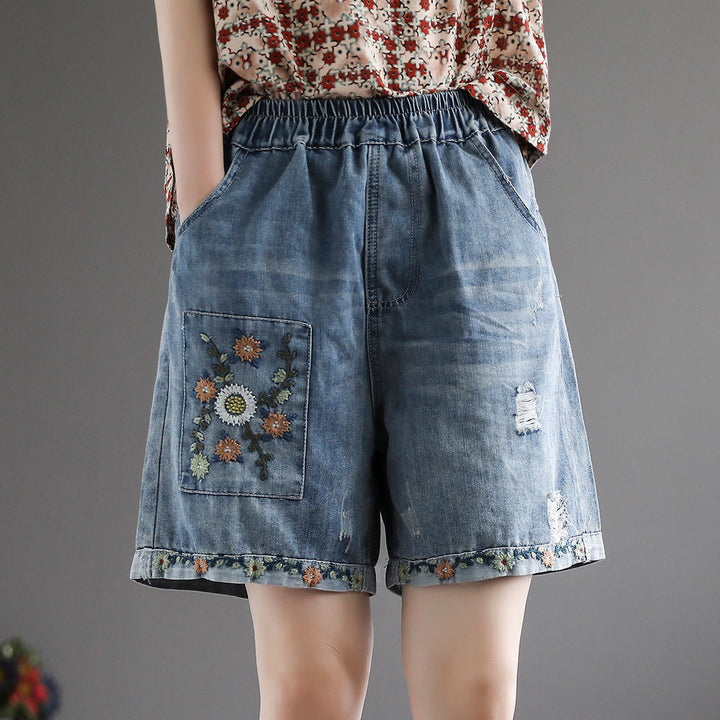 Summer Floral Embroidery High Waist Wide Leg Denim Shorts
