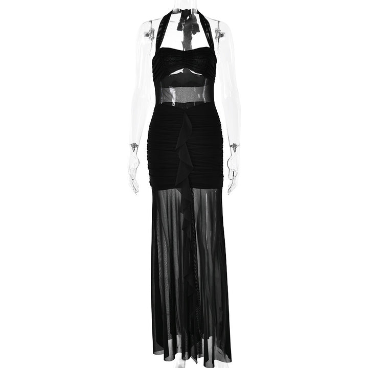 Halter Stitching Sleeveless Pleated Backless Slim Fit Dress