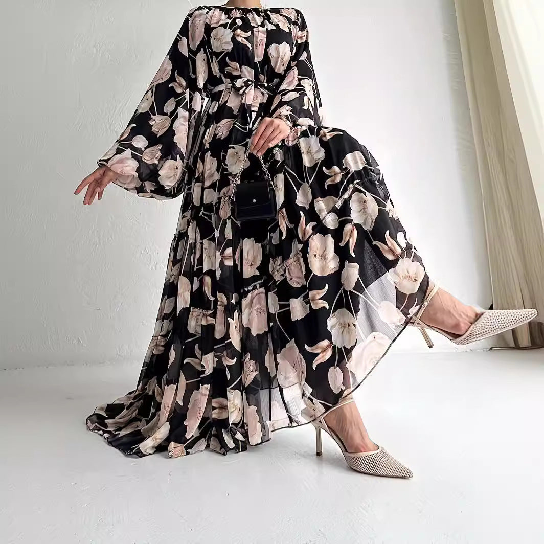 Middle East Chiffon Flower Print Long Fashion Elegant Dress