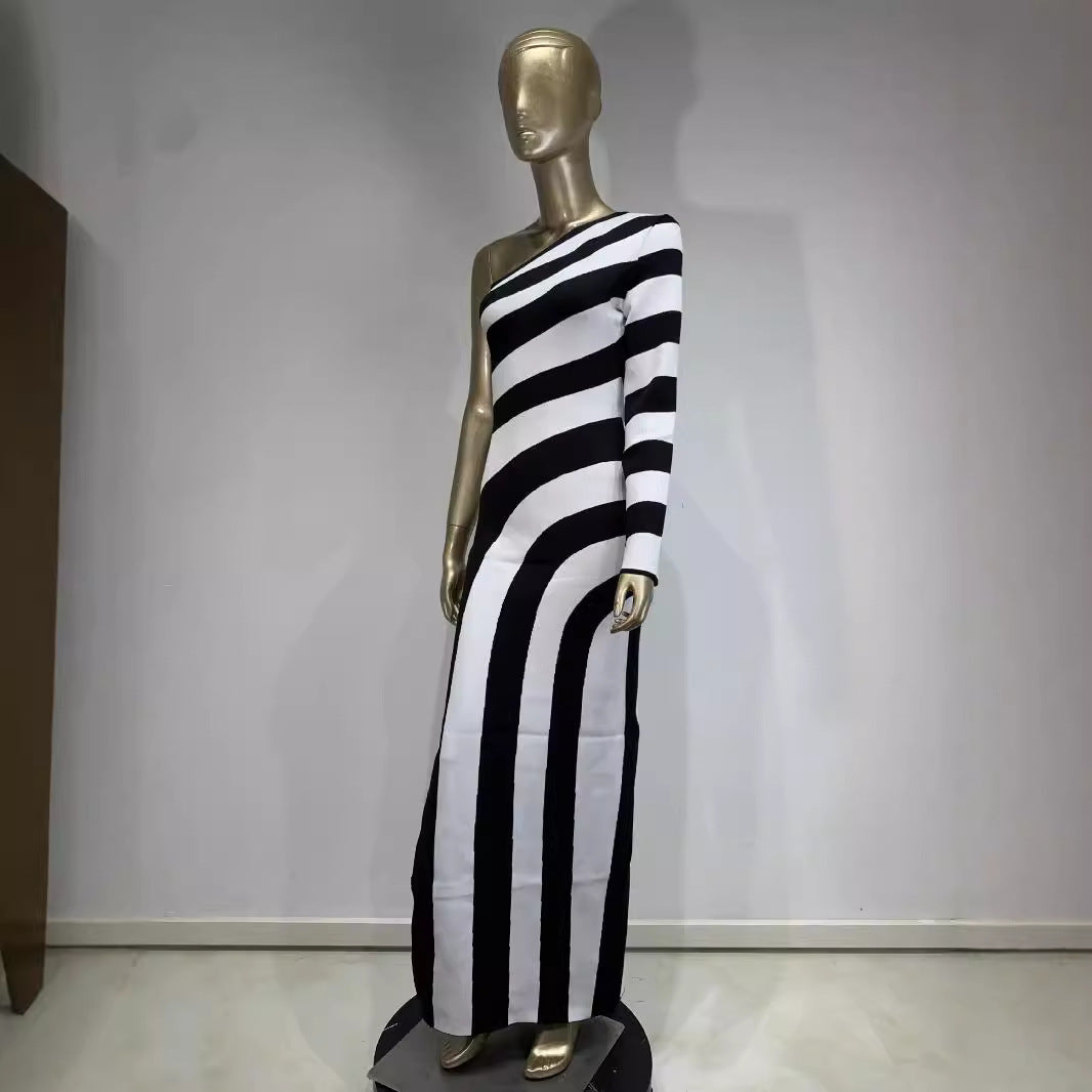 Zebra Stripe Shoulder Long Sleeve Exposed Leg Bandage One-piece Dress