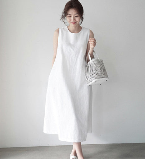 Cotton Linen Sleeveless Vest Loose Slimming Dress Women