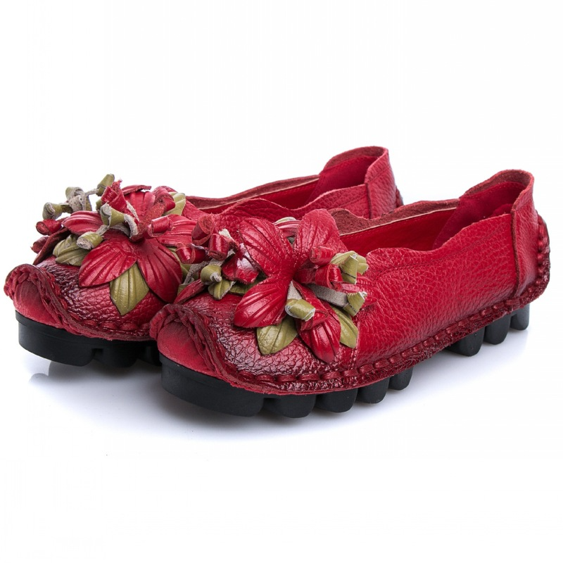 Mocassins plats à fleurs confortables à semelle souple en cuir véritable