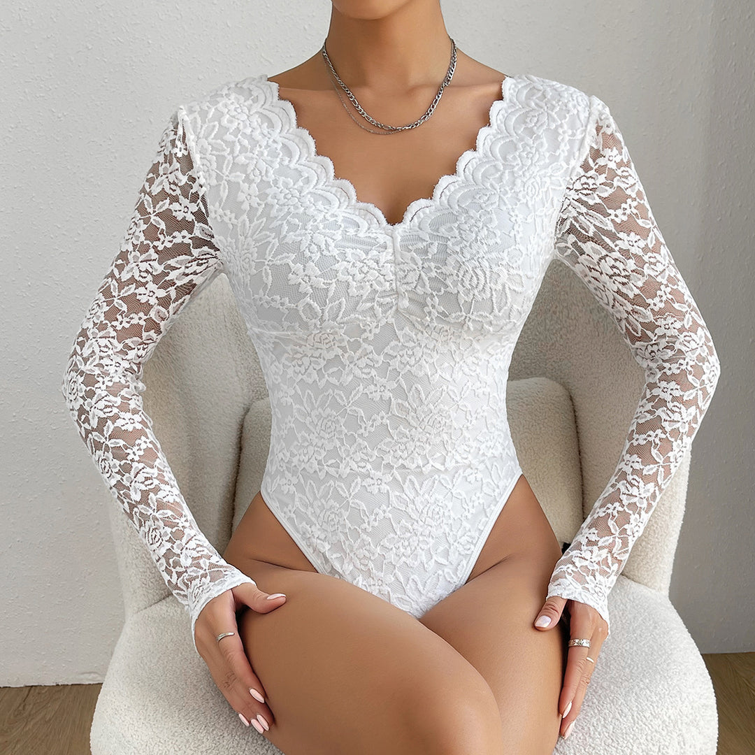 Solid Lace Long Sleeved Slim Fitting Jumpsuit